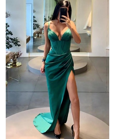 Women's Satin Mermaid Prom Dresses Long Spaghetti Straps V Neck Pleated Formal Evening Party Gowns with Slit Regency $28.80 D...