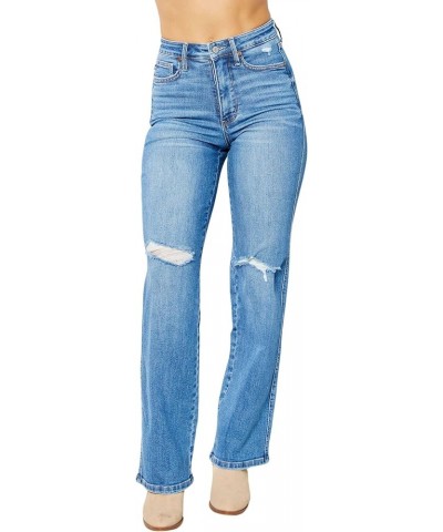 Women's High Rise Tummy Control Solid Five Pocket Straight Jeans Medium Blue $40.54 Jeans