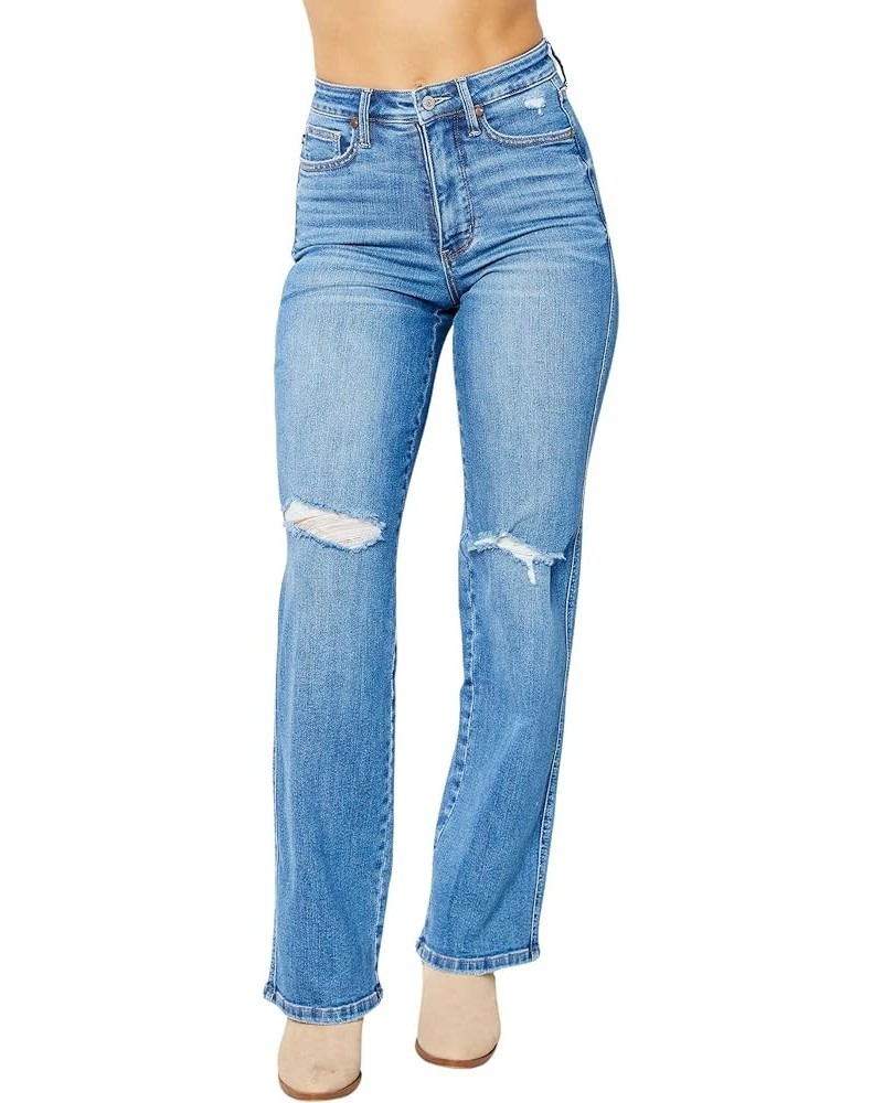 Women's High Rise Tummy Control Solid Five Pocket Straight Jeans Medium Blue $40.54 Jeans