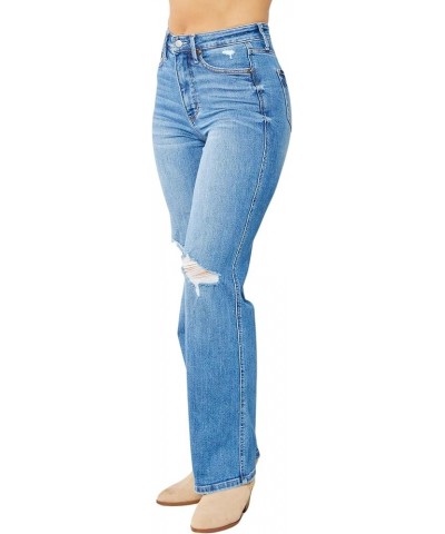 Women's High Rise Tummy Control Solid Five Pocket Straight Jeans Medium Blue $40.54 Jeans