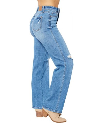 Women's High Rise Tummy Control Solid Five Pocket Straight Jeans Medium Blue $40.54 Jeans