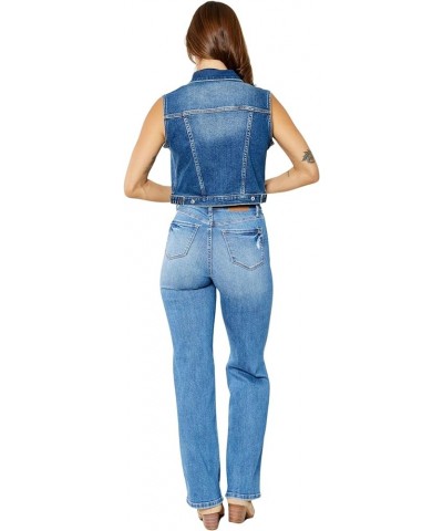 Women's High Rise Tummy Control Solid Five Pocket Straight Jeans Medium Blue $40.54 Jeans