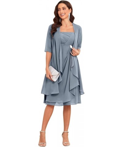 Mother of The Bride Dresses for Wedding 2 Pieces Half Sleeve Chiffon Pleated Formal Dress with Jacket Dusty Blue $36.75 Dresses