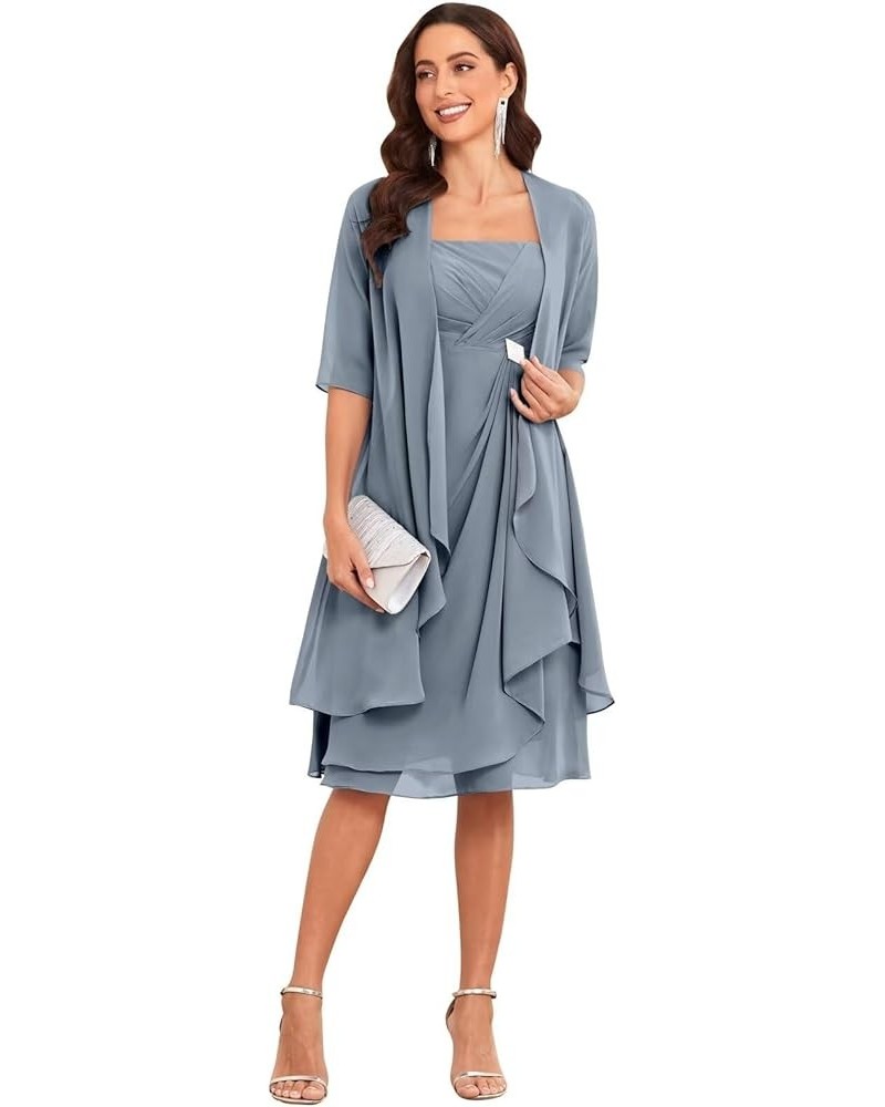 Mother of The Bride Dresses for Wedding 2 Pieces Half Sleeve Chiffon Pleated Formal Dress with Jacket Dusty Blue $36.75 Dresses