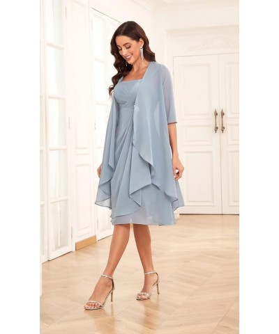 Mother of The Bride Dresses for Wedding 2 Pieces Half Sleeve Chiffon Pleated Formal Dress with Jacket Dusty Blue $36.75 Dresses