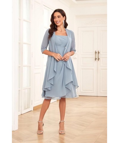 Mother of The Bride Dresses for Wedding 2 Pieces Half Sleeve Chiffon Pleated Formal Dress with Jacket Dusty Blue $36.75 Dresses