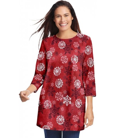 Women's Plus Size Perfect Printed Three-Quarter Sleeve Crewneck Tunic Classic Red Textured Snowflake $12.70 Tops