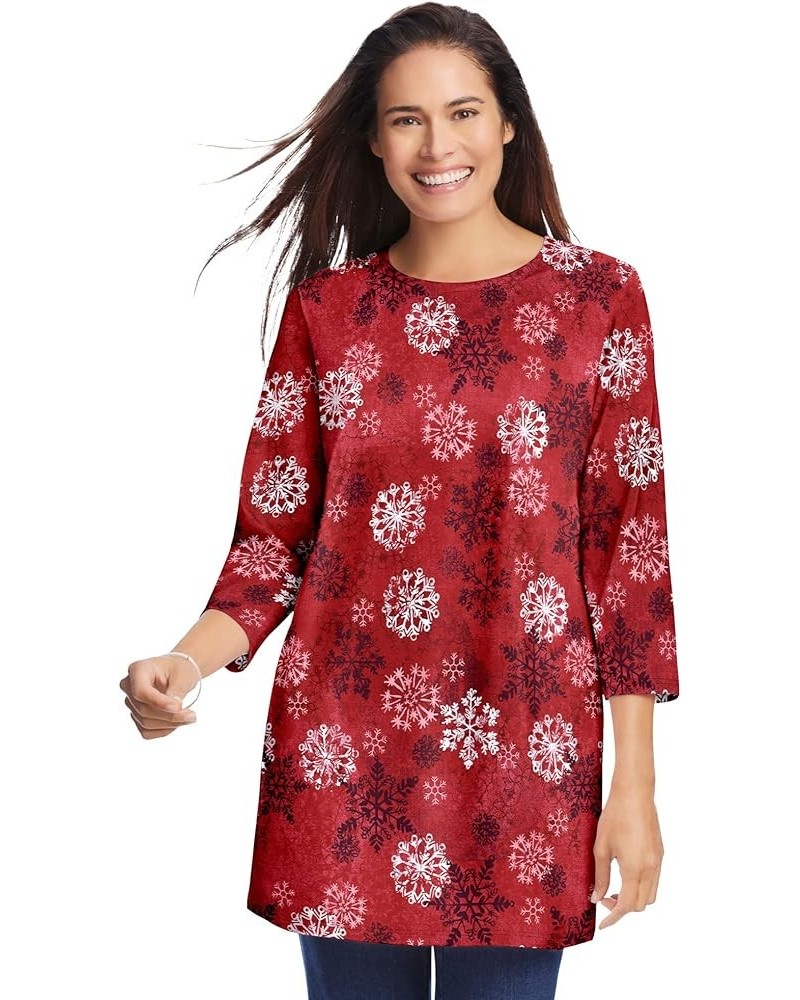 Women's Plus Size Perfect Printed Three-Quarter Sleeve Crewneck Tunic Classic Red Textured Snowflake $12.70 Tops