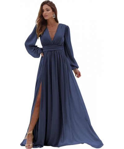 Long Sleeve Chiffon Bridesmaid Dresses for Wedding Pleated V-Neck A Line Formal Dresses Navy Blue $37.50 Dresses