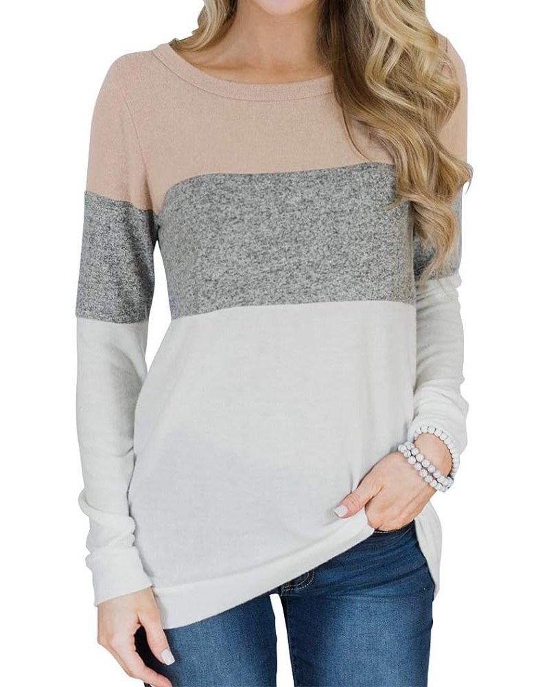 Women's Long Sleeve Color Block Cute Shirt Round Neck Casual Tops White $9.30 Tops