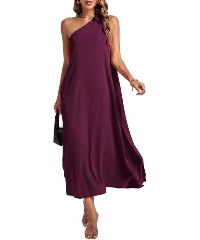 Women's One Shoulder Bow Tie Sleeveless High Split Party Sexy Maxi Dress Purplish Red $21.15 Dresses