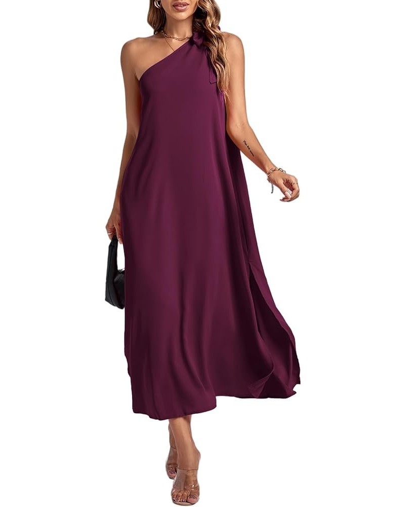 Women's One Shoulder Bow Tie Sleeveless High Split Party Sexy Maxi Dress Purplish Red $21.15 Dresses