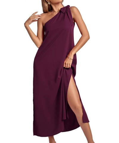 Women's One Shoulder Bow Tie Sleeveless High Split Party Sexy Maxi Dress Purplish Red $21.15 Dresses