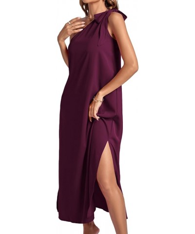 Women's One Shoulder Bow Tie Sleeveless High Split Party Sexy Maxi Dress Purplish Red $21.15 Dresses