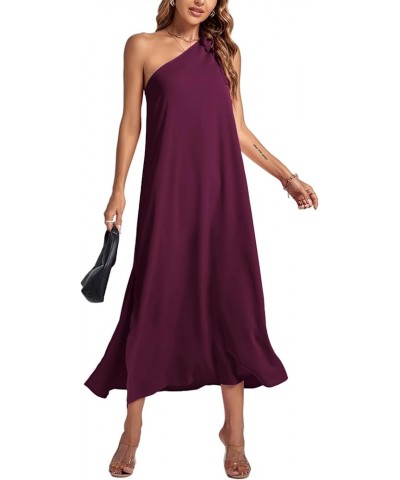 Women's One Shoulder Bow Tie Sleeveless High Split Party Sexy Maxi Dress Purplish Red $21.15 Dresses