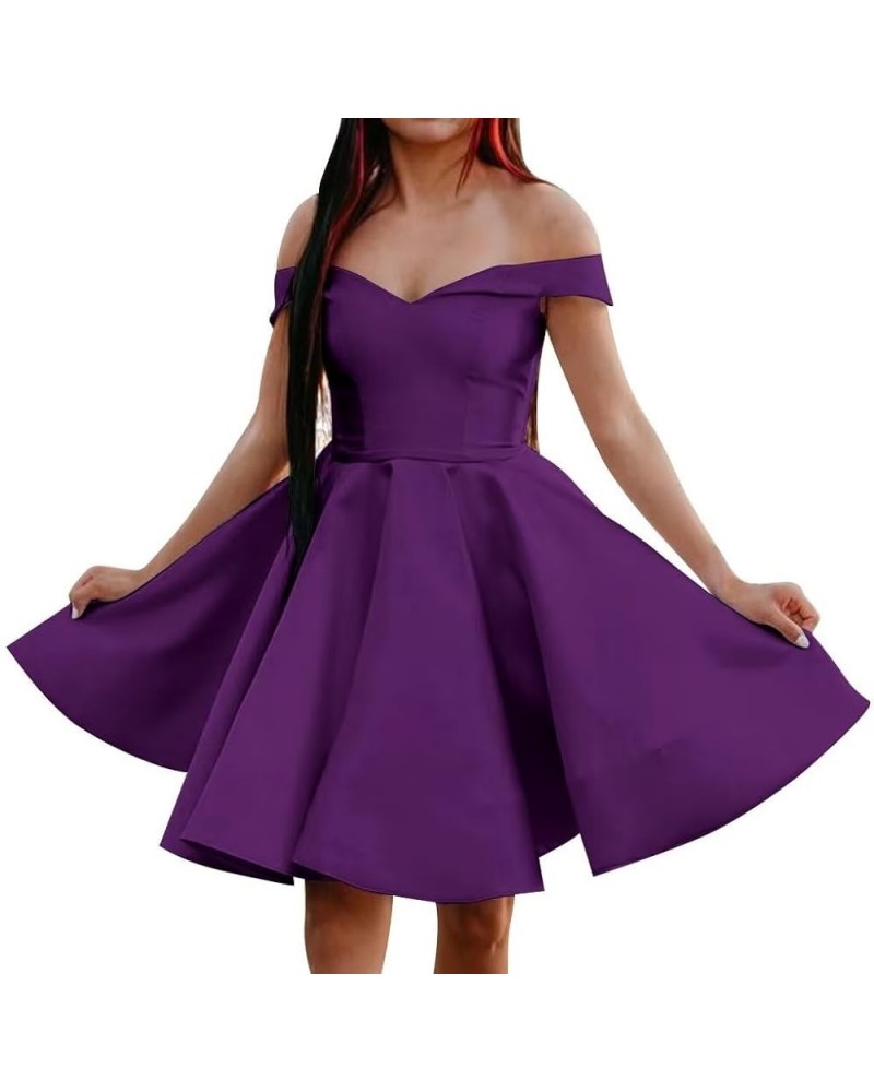 Off Shoulder Homecoming Dresses for Teens A Line Short Prom Dresses Satin Cocktail Party Gowns with Pockets Purple $32.39 Dre...