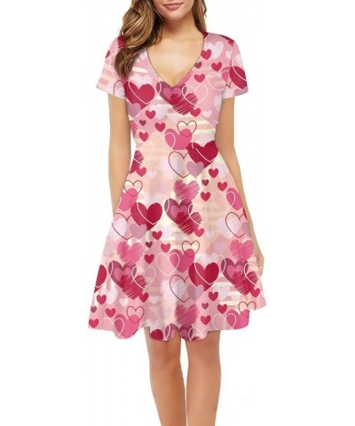 Women Puffy Dresses Midi Sundress Short Sleeve V-Neck Casual Dresses Plus Size S-4XL Pink Heart $14.99 Dresses