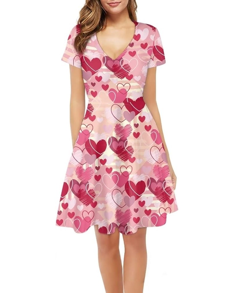 Women Puffy Dresses Midi Sundress Short Sleeve V-Neck Casual Dresses Plus Size S-4XL Pink Heart $14.99 Dresses