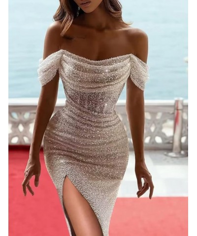 Sparkly Sequin Mermaid Prom Dresses with Slit for Women Long Ball Gown Off The Shoulder Evening Dresses Burgundy $41.80 Dresses