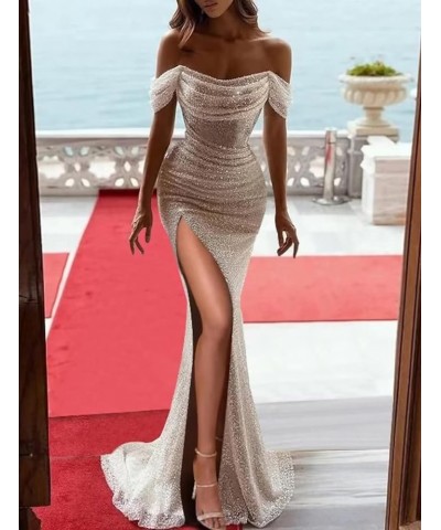 Sparkly Sequin Mermaid Prom Dresses with Slit for Women Long Ball Gown Off The Shoulder Evening Dresses Burgundy $41.80 Dresses