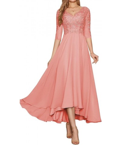 Mother of The Bride Dresses Lace Appliques 3/4 Sleeves Tea Length Chiffon Formal Wedding Party Gown Coral $38.75 Dresses