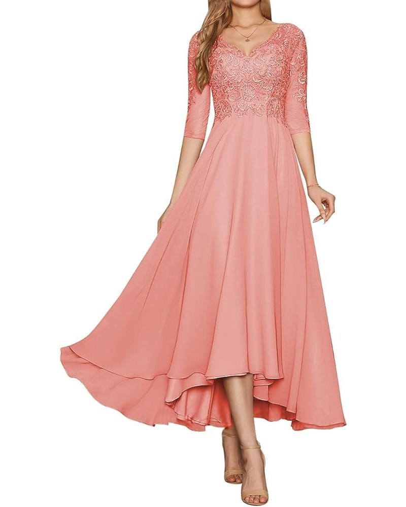 Mother of The Bride Dresses Lace Appliques 3/4 Sleeves Tea Length Chiffon Formal Wedding Party Gown Coral $38.75 Dresses