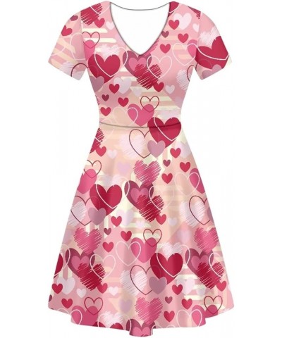 Women Puffy Dresses Midi Sundress Short Sleeve V-Neck Casual Dresses Plus Size S-4XL Pink Heart $14.99 Dresses