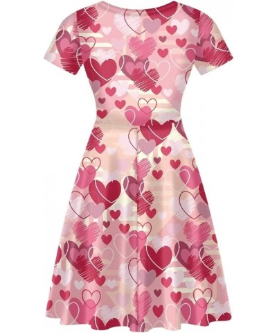 Women Puffy Dresses Midi Sundress Short Sleeve V-Neck Casual Dresses Plus Size S-4XL Pink Heart $14.99 Dresses