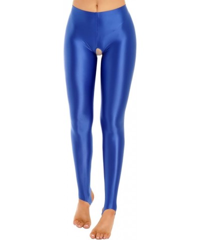 Women's Oil Shiny Compression Leggings Opaque Mid Waist Skinny Tight Yoga Stirrup Pants Blue $8.58 Pants