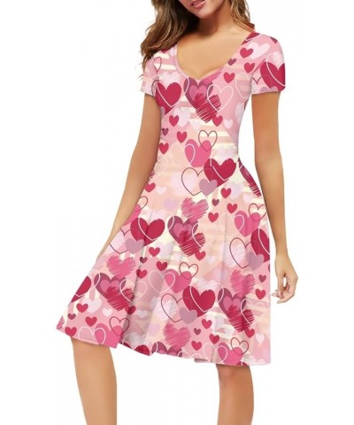 Women Puffy Dresses Midi Sundress Short Sleeve V-Neck Casual Dresses Plus Size S-4XL Pink Heart $14.99 Dresses