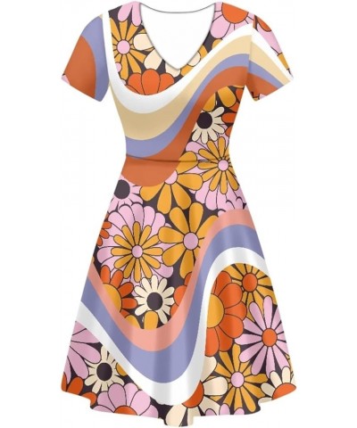 Women Puffy Dresses Midi Sundress Short Sleeve V-Neck Casual Dresses Plus Size S-4XL 70s Swirl Daisy $14.99 Dresses