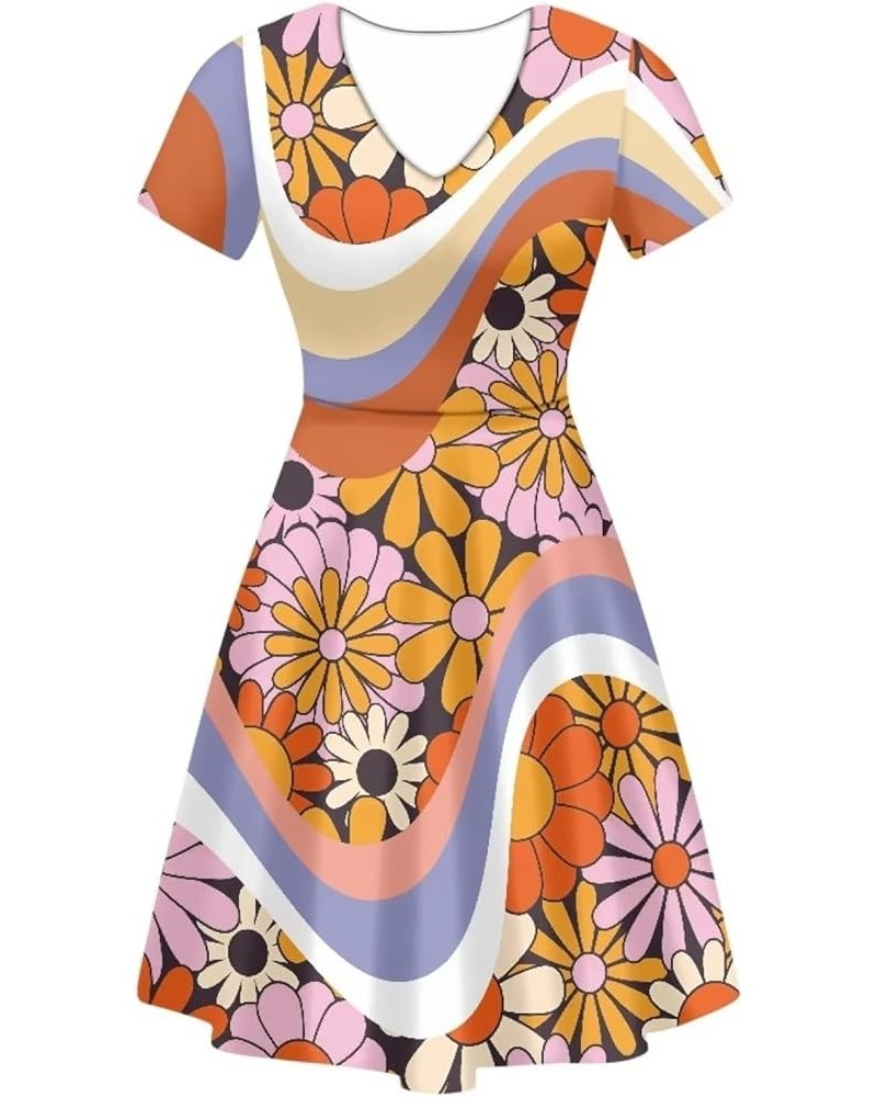 Women Puffy Dresses Midi Sundress Short Sleeve V-Neck Casual Dresses Plus Size S-4XL 70s Swirl Daisy $14.99 Dresses