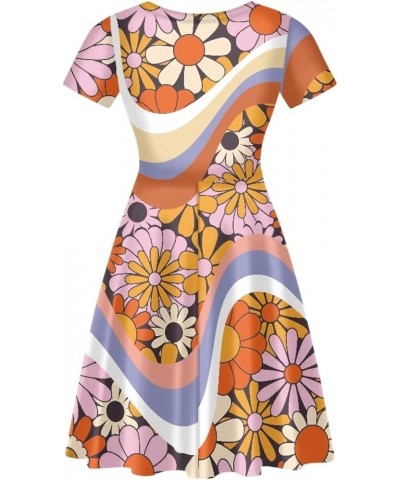 Women Puffy Dresses Midi Sundress Short Sleeve V-Neck Casual Dresses Plus Size S-4XL 70s Swirl Daisy $14.99 Dresses