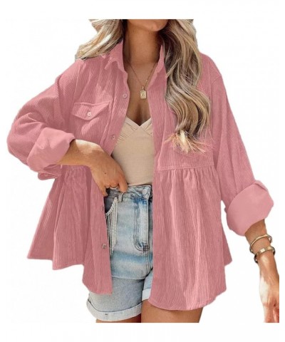 Womens Corduroy Peplum Shirts Tops Cute Long Sleeve Button Down Babydoll Shirt Blouses Pink $14.18 Blouses