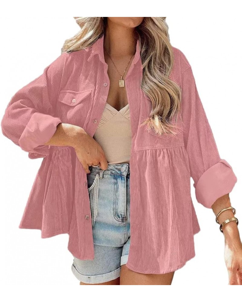 Womens Corduroy Peplum Shirts Tops Cute Long Sleeve Button Down Babydoll Shirt Blouses Pink $14.18 Blouses