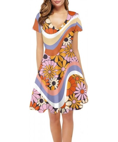 Women Puffy Dresses Midi Sundress Short Sleeve V-Neck Casual Dresses Plus Size S-4XL 70s Swirl Daisy $14.99 Dresses