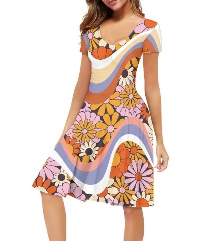 Women Puffy Dresses Midi Sundress Short Sleeve V-Neck Casual Dresses Plus Size S-4XL 70s Swirl Daisy $14.99 Dresses