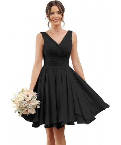 Double V Neck Short Bridesmaid Dresses for Women 2024 Chiffon A Line Formal Evening Gowns with Pockets YJ114 Black $29.40 Dre...