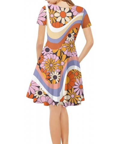 Women Puffy Dresses Midi Sundress Short Sleeve V-Neck Casual Dresses Plus Size S-4XL 70s Swirl Daisy $14.99 Dresses