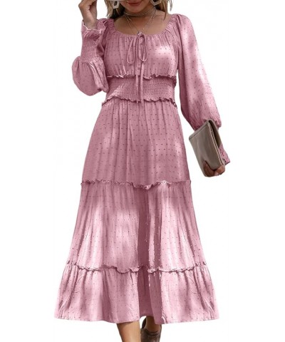 Women's Square Neck Long Sleeve Swiss Dot Maxi Dresses Ruffle Tiered Boho A Line Smocked Cocktail Dress Pink $11.50 Dresses