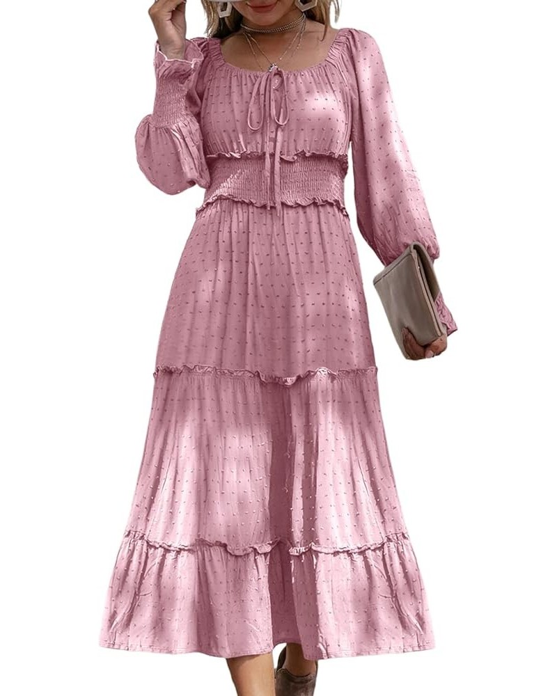 Women's Square Neck Long Sleeve Swiss Dot Maxi Dresses Ruffle Tiered Boho A Line Smocked Cocktail Dress Pink $11.50 Dresses