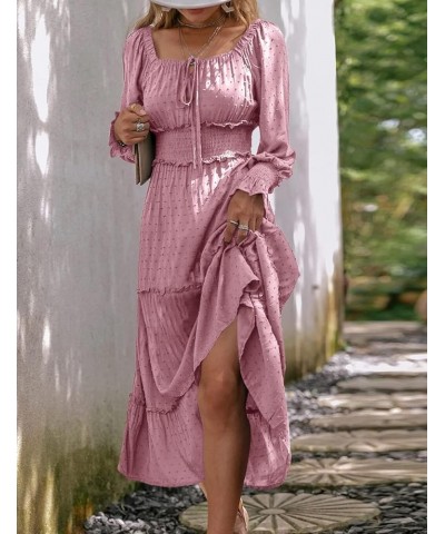 Women's Square Neck Long Sleeve Swiss Dot Maxi Dresses Ruffle Tiered Boho A Line Smocked Cocktail Dress Pink $11.50 Dresses