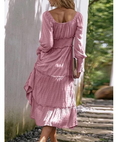 Women's Square Neck Long Sleeve Swiss Dot Maxi Dresses Ruffle Tiered Boho A Line Smocked Cocktail Dress Pink $11.50 Dresses