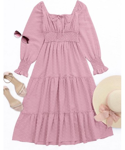 Women's Square Neck Long Sleeve Swiss Dot Maxi Dresses Ruffle Tiered Boho A Line Smocked Cocktail Dress Pink $11.50 Dresses