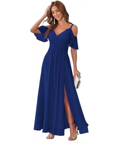 Women's Chiffon Cold Shoulder Bridesmaids Dresses Long with Slit Formal Party Dress for Junior Royal Blue $25.83 Dresses