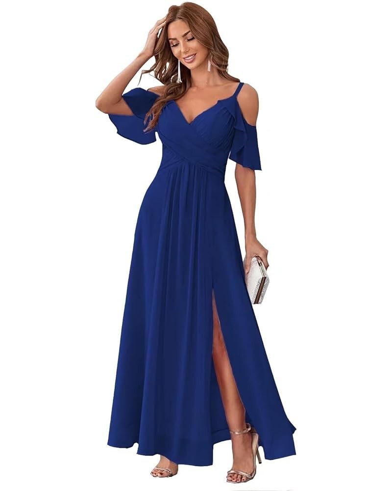 Women's Chiffon Cold Shoulder Bridesmaids Dresses Long with Slit Formal Party Dress for Junior Royal Blue $25.83 Dresses