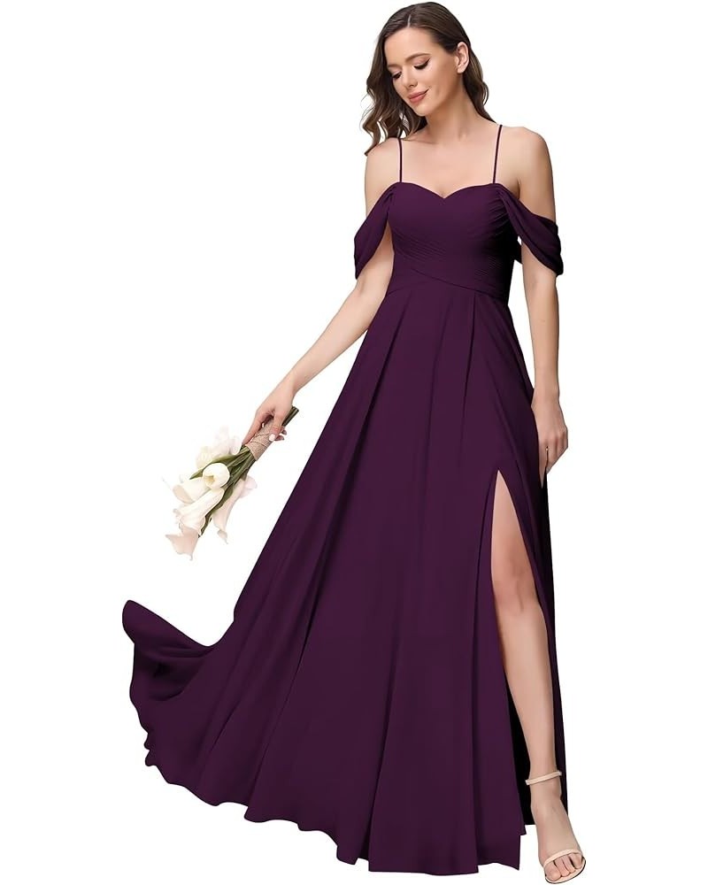 Women's Cold Shoulder Bridesmaid Dresses Long with Pockets A Line Ruched Chiffon Formal Dress with Slit TS005 Plum $33.36 Dre...