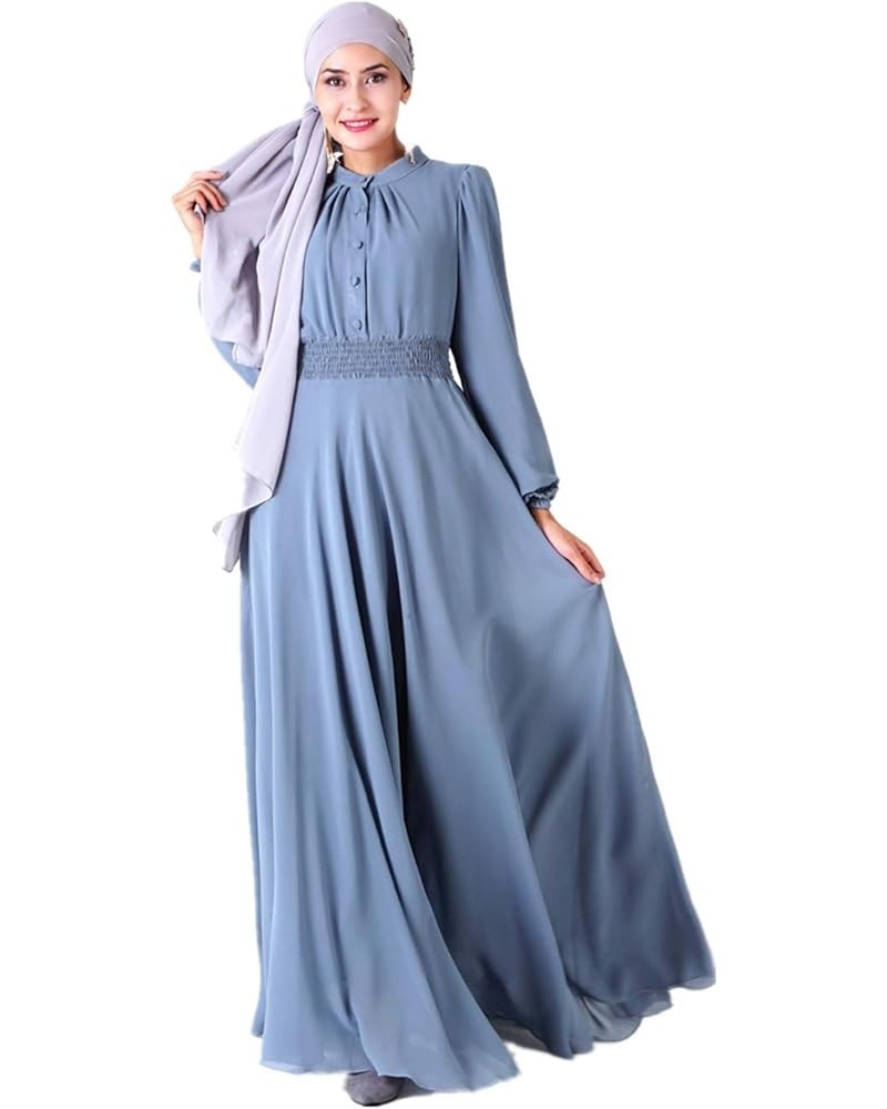 Long Sleeve Muslim Women's Long Dress Crewneck Women Dubai Dress Kaftan Abayas Blue $16.38 Dresses