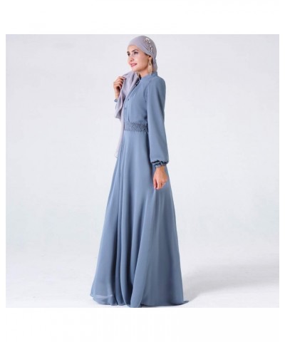 Long Sleeve Muslim Women's Long Dress Crewneck Women Dubai Dress Kaftan Abayas Blue $16.38 Dresses