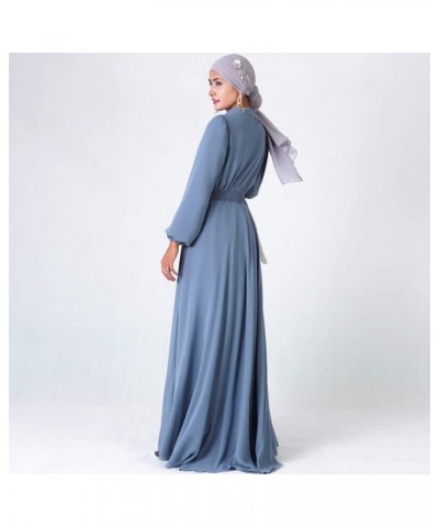 Long Sleeve Muslim Women's Long Dress Crewneck Women Dubai Dress Kaftan Abayas Blue $16.38 Dresses